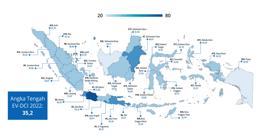 Peta Sebaran Skor EV-DCI 2022 di 34 Provinsi di Indonesia