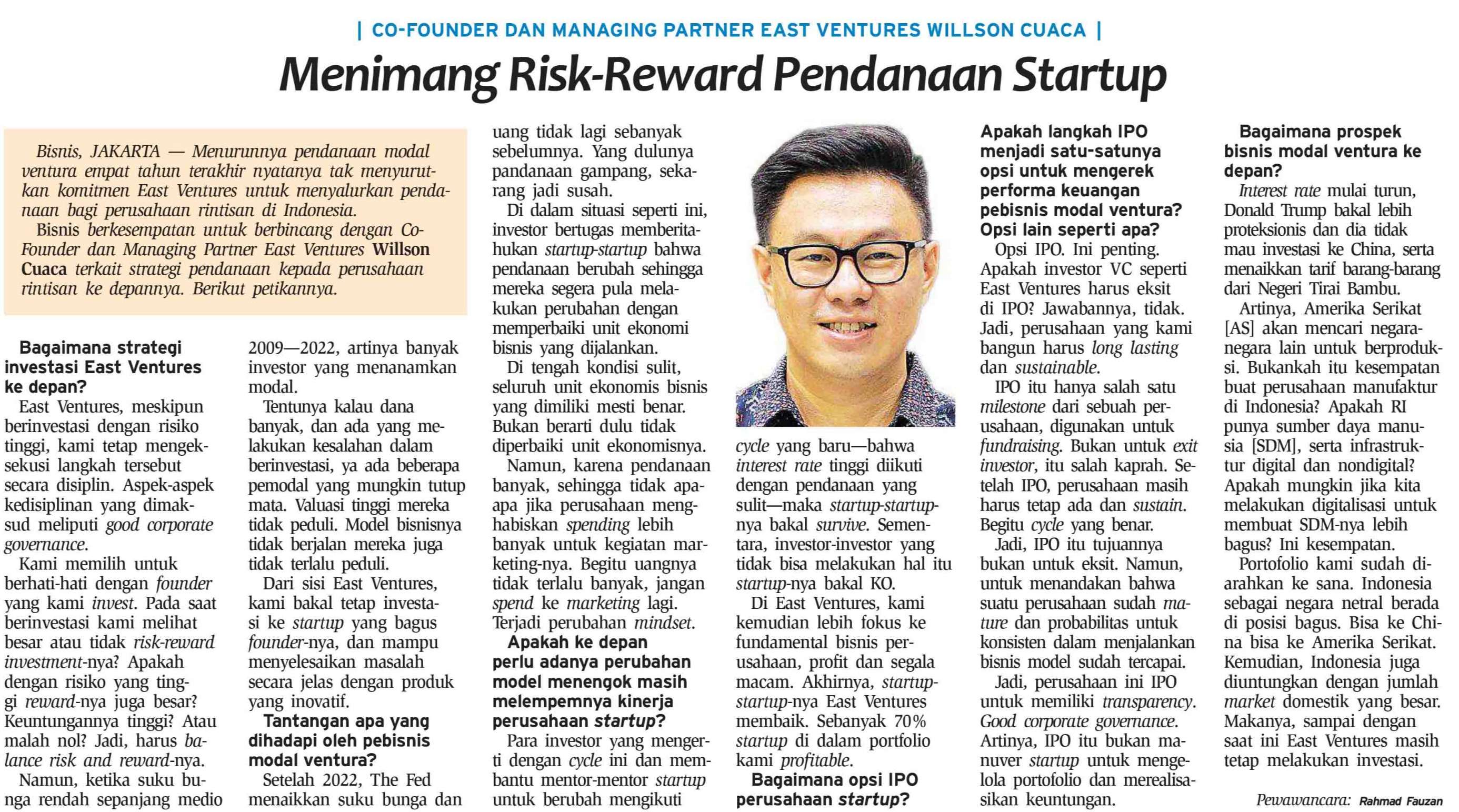 Willson Cuaca - Menimang Risk-Reward Pendanaan Startup - Bisnis.com