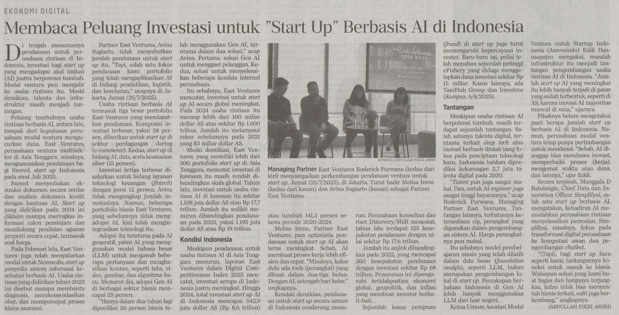 Kompas Indonesia - Membaca Peluang Investasi untuk “Start Up” Berbasis AI di Indonesia